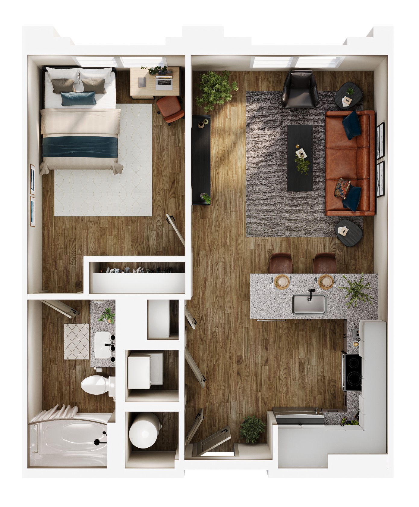 A 3D image of the A1 floorplan, a 627 squarefoot, 1 bed / 1 bath unit