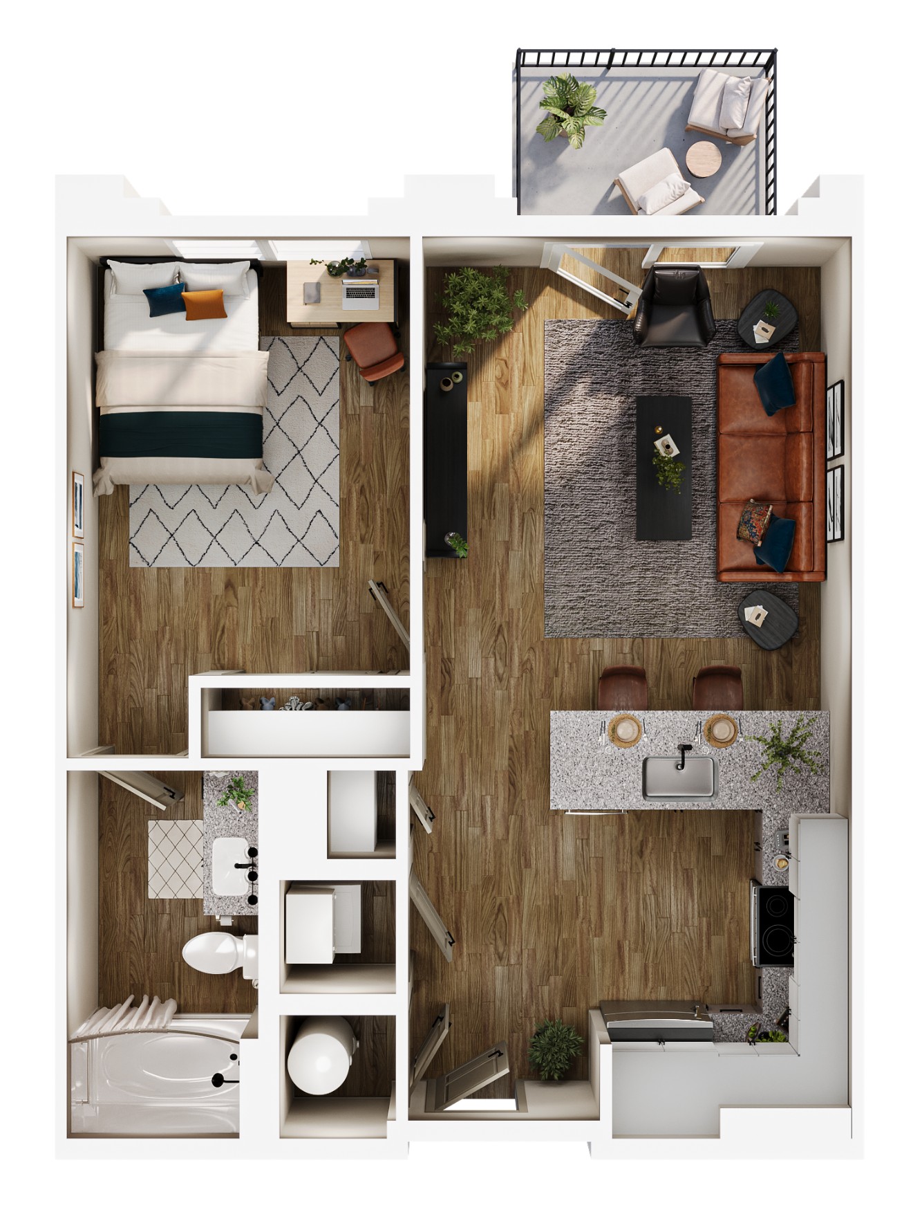 A 3D image of the A1 – Balcony floorplan, a 627 squarefoot, 1 bed / 1 bath unit
