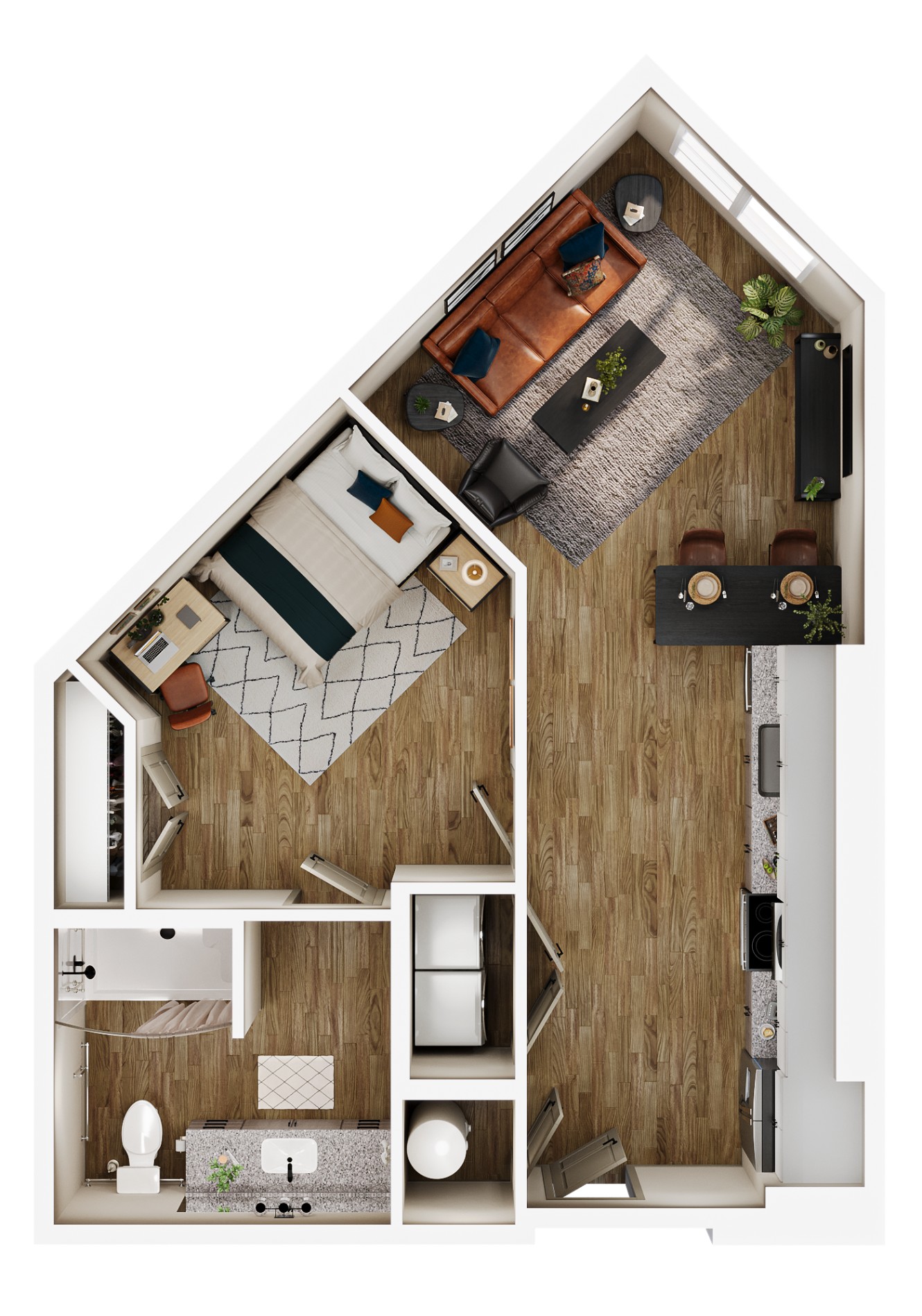 A 3D image of the A2A floorplan, a 687 squarefoot, 1 bed / 1 bath unit