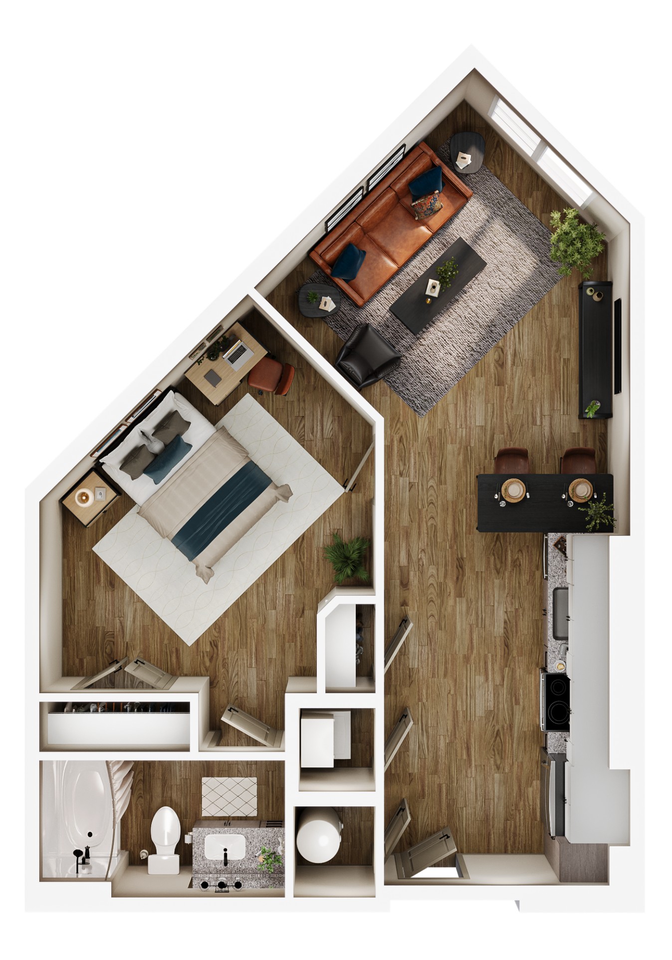 A 3D image of the A2 floorplan, a 687 squarefoot, 1 bed / 1 bath unit
