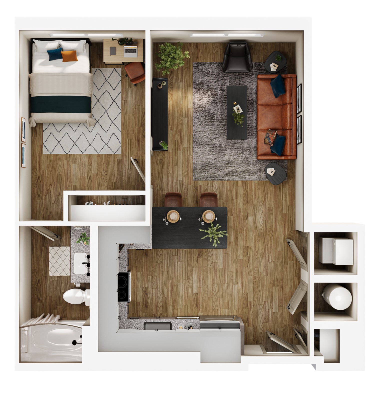 A 3D image of the A3 floorplan, a 669 squarefoot, 1 bed / 1 bath unit