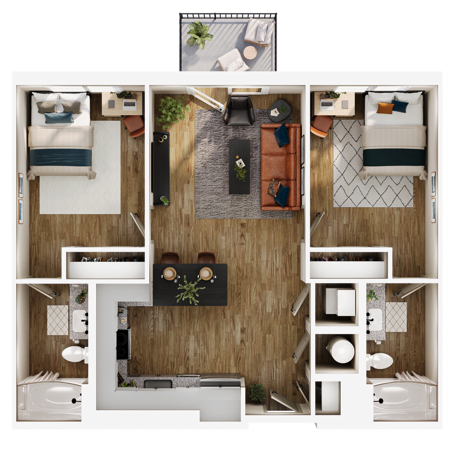 A 3D image of the B1 – Balcony floorplan, a 898 squarefoot, 2 bed / 2 bath unit