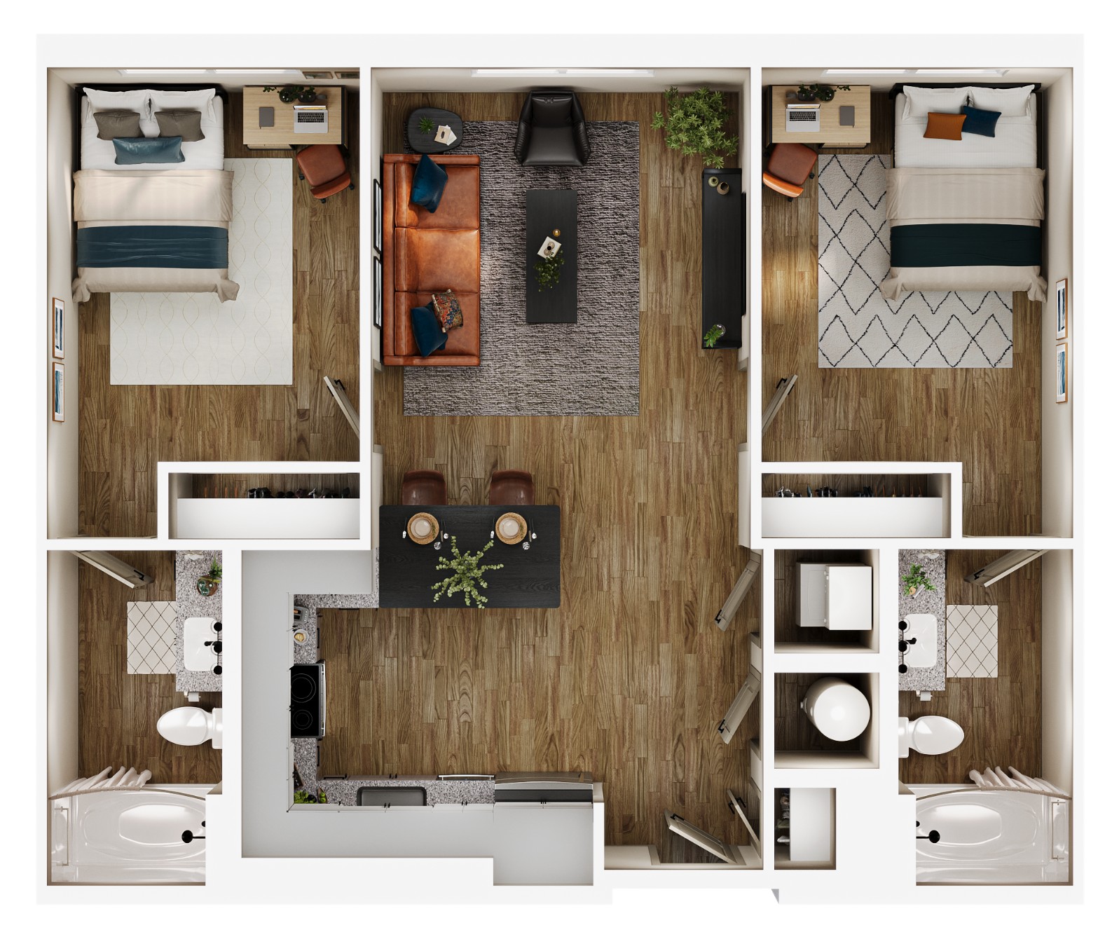 A 3D image of the B1 floorplan, a 898 squarefoot, 2 bed / 2 bath unit