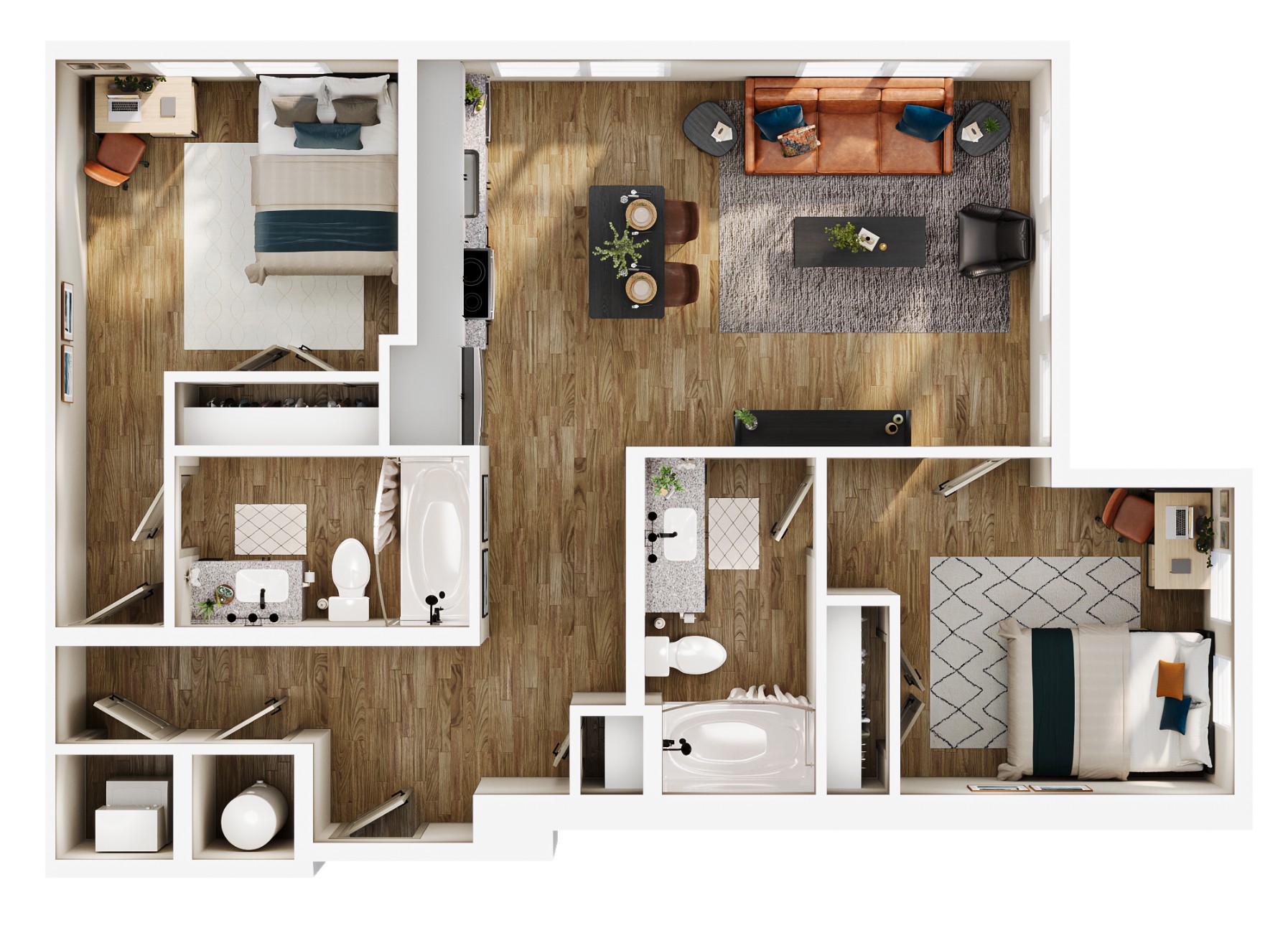 A 3D image of the B2 floorplan, a 915 squarefoot, 2 bed / 2 bath unit