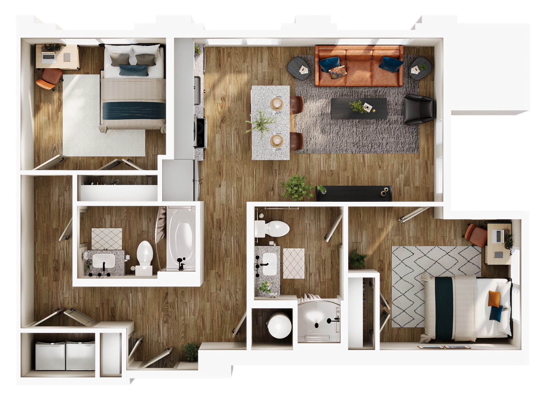 A 3D image of the B2A floorplan, a 915 squarefoot, 2 bed / 2 bath unit