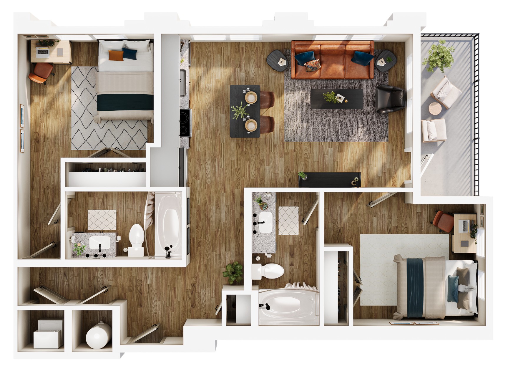 A 3D image of the B2 – Balcony floorplan, a 915 squarefoot, 2 bed / 2 bath unit