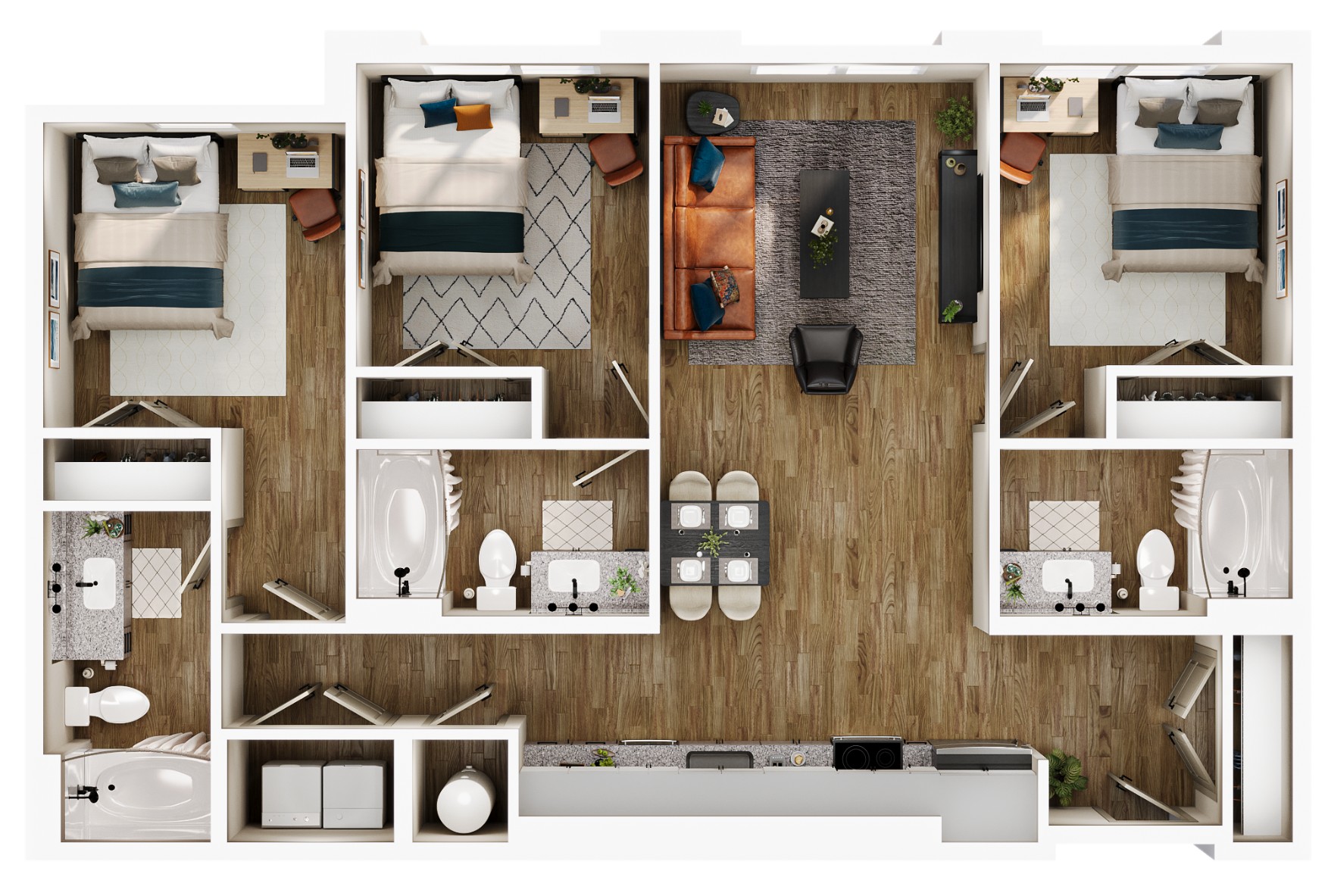 A 3D image of the C1 floorplan, a 1128 squarefoot, 3 bed / 3 bath unit