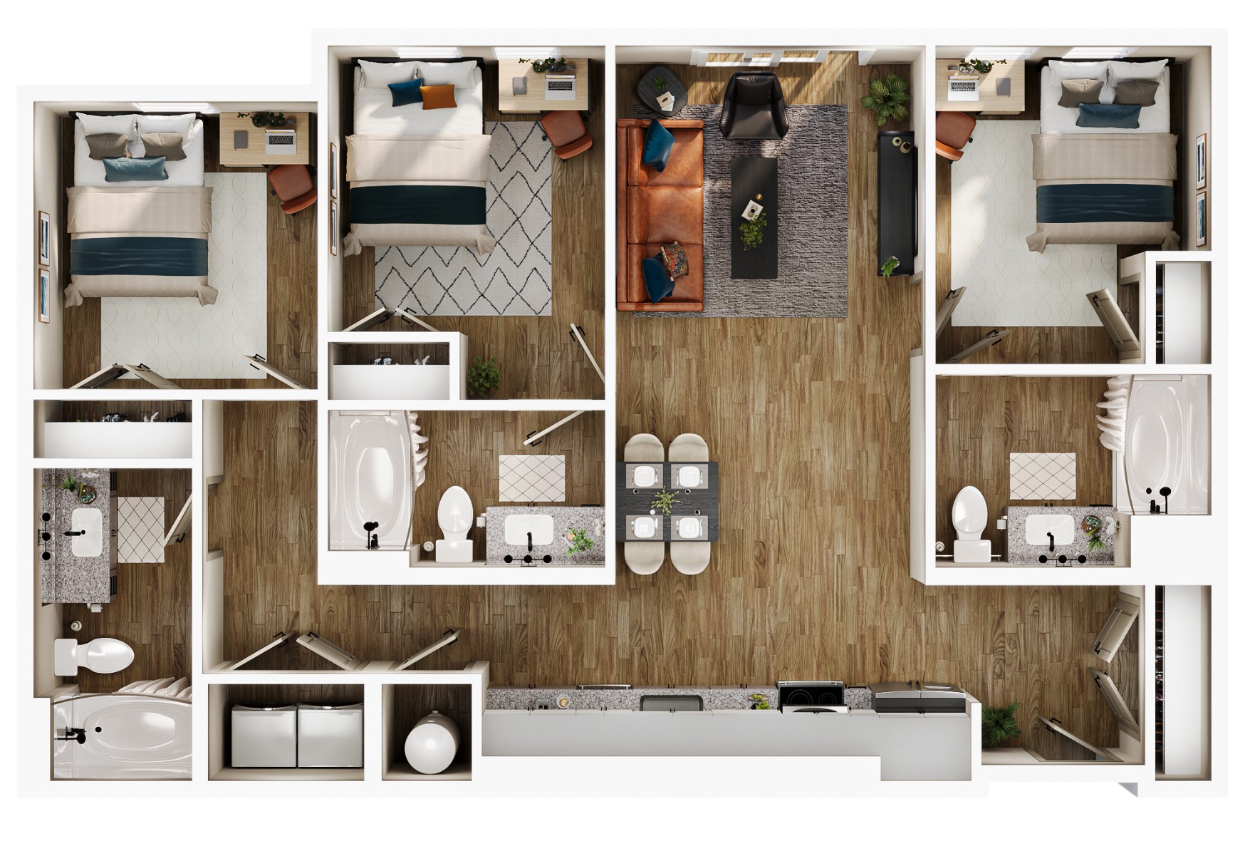 A 3D image of the C1A floorplan, a 1128 squarefoot, 3 bed / 3 bath unit