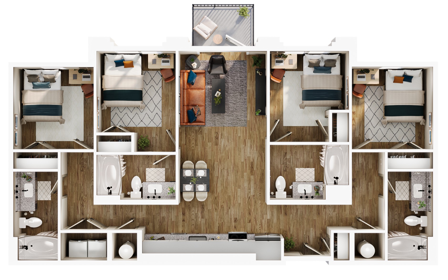 A 3D image of the D1 – Balcony floorplan, a 1391 squarefoot, 4 bed / 4 bath unit