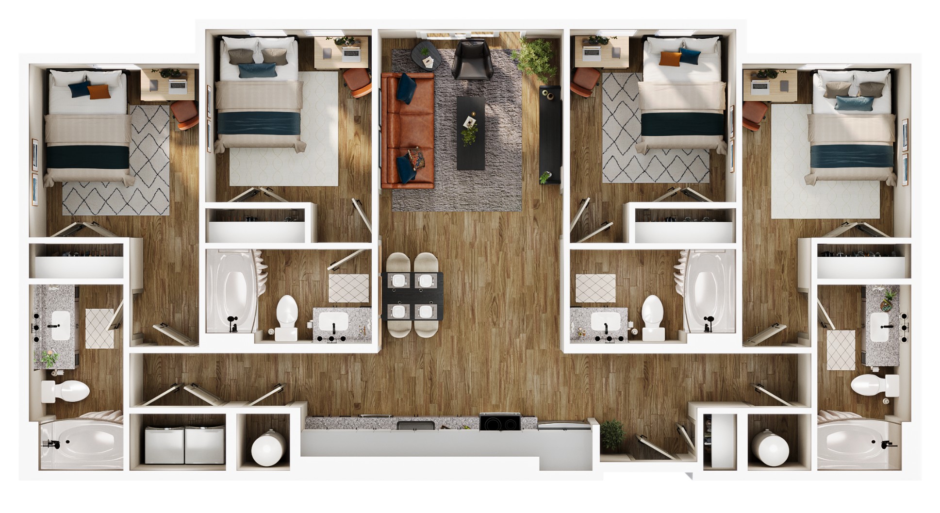 A 3D image of the D1 floorplan, a 1391 squarefoot, 4 bed / 4 bath unit