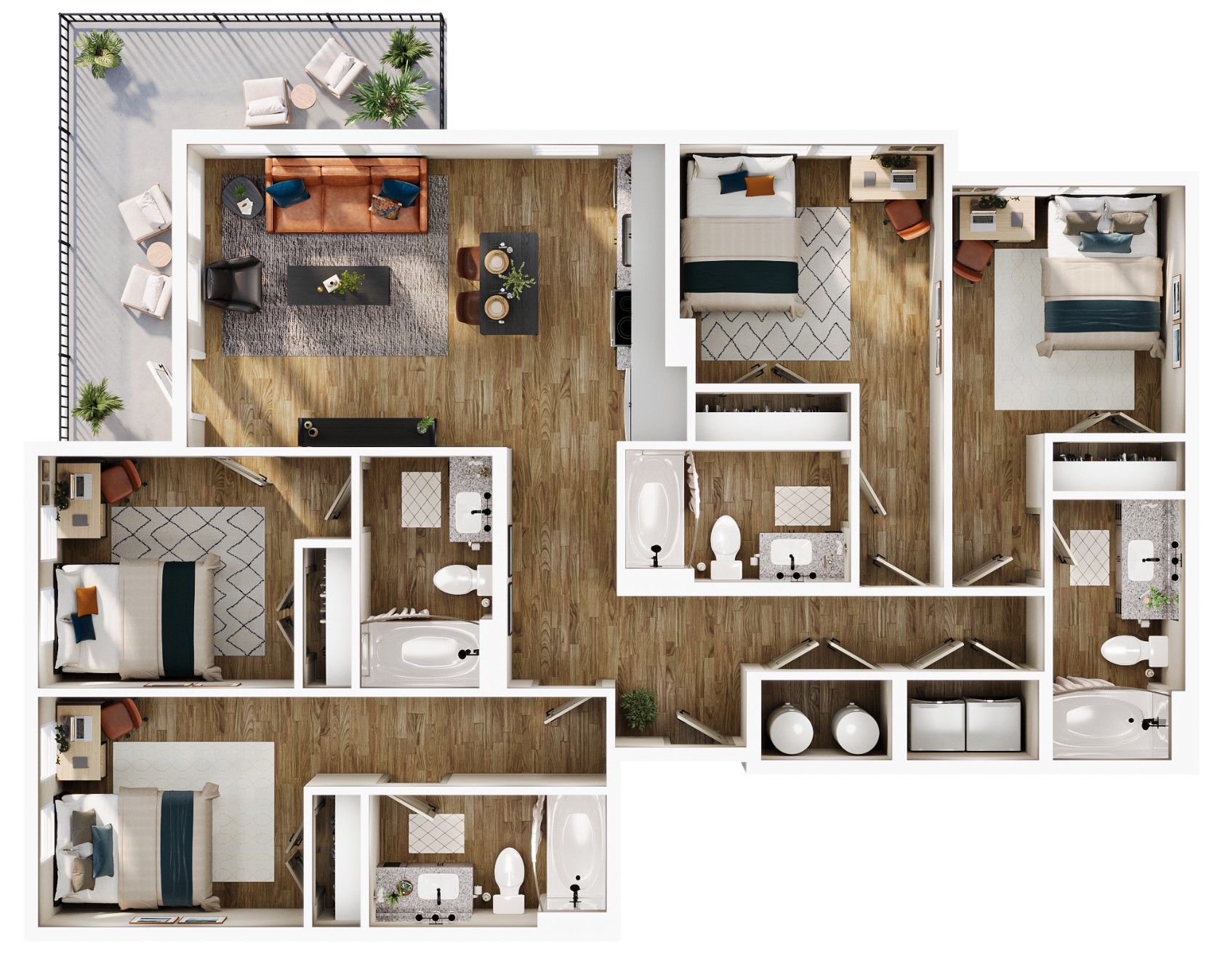 A 3D image of the D2 – Balcony floorplan, a 1410 squarefoot, 4 bed / 4 bath unit