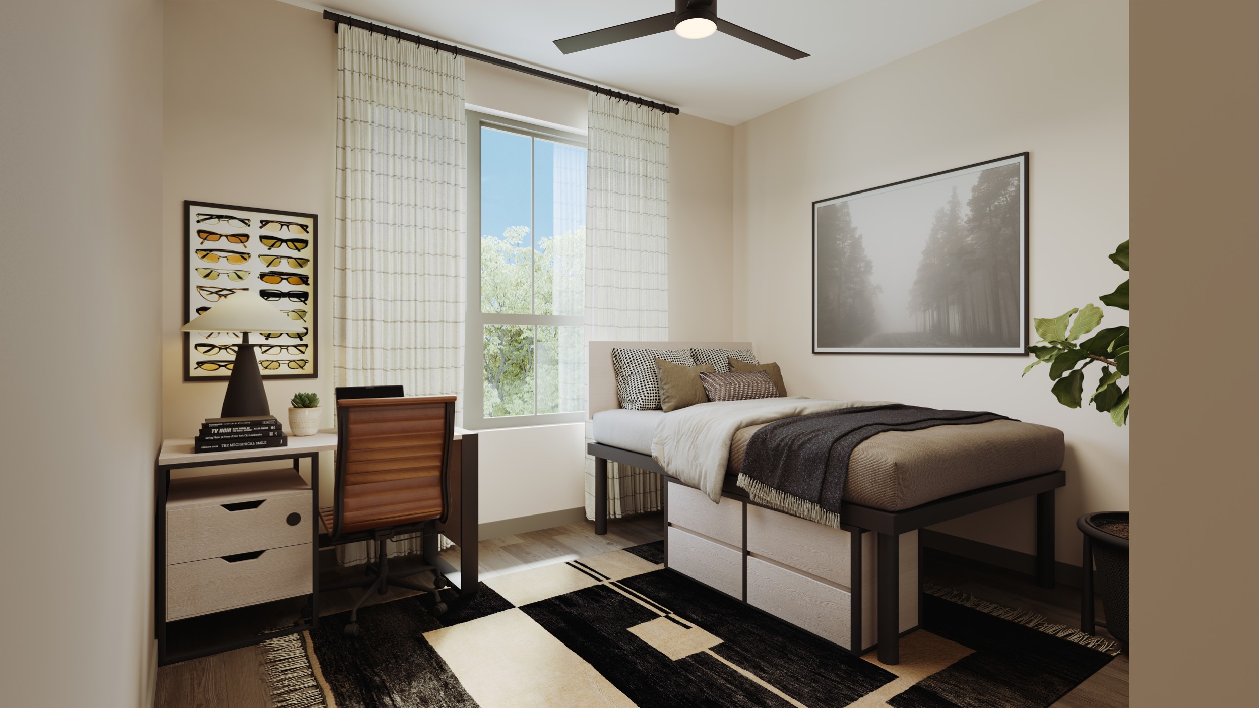 Model bedroom with ceiling fan at Creekside at the Grounds