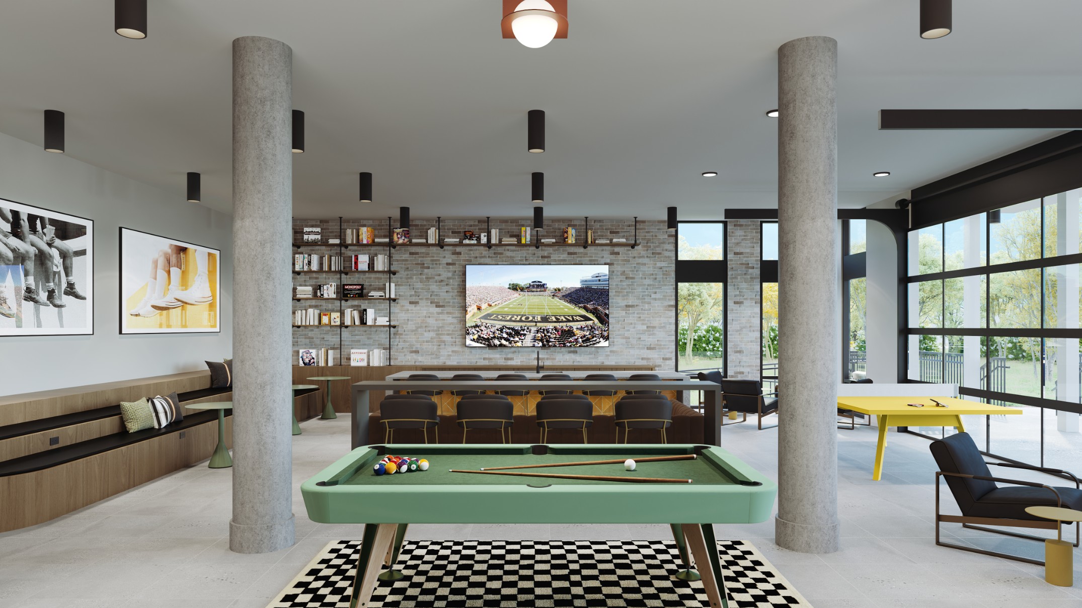 Resident lounge and game room with pool table at Creekside at the Grounds