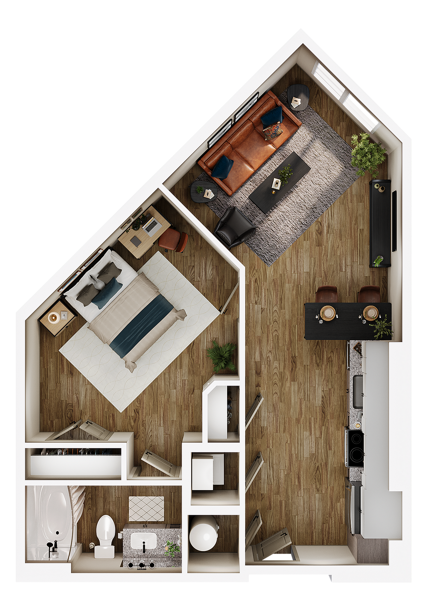 A 3D image of the A2 floorplan, a 687 squarefoot, 1 bed / 1 bath unit