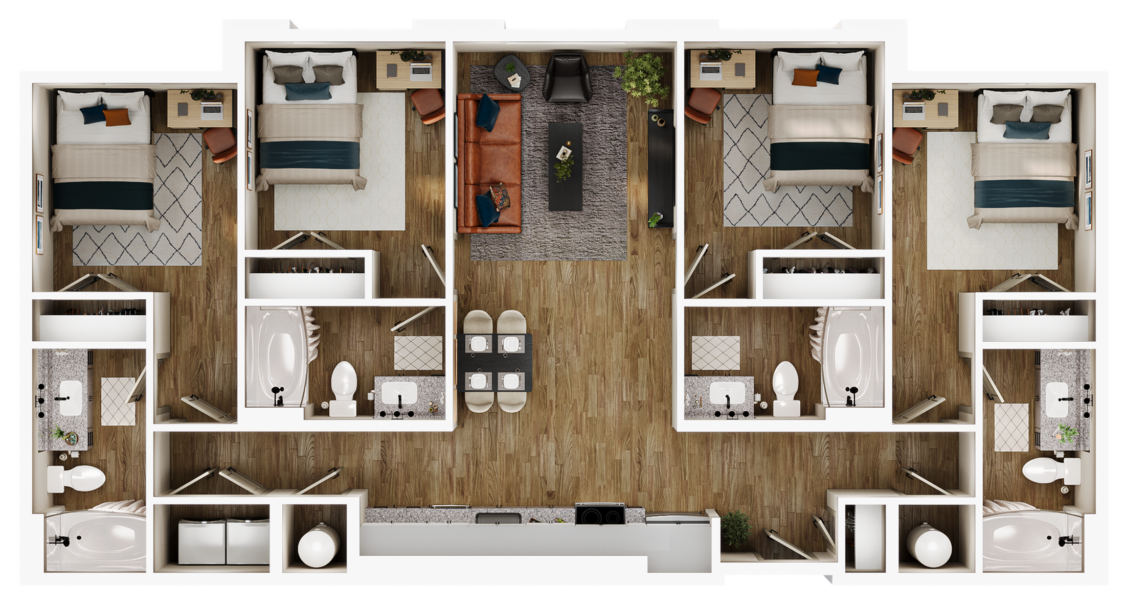 A 3D image of the D1 floorplan, a 1391 squarefoot, 4 bed / 4 bath unit