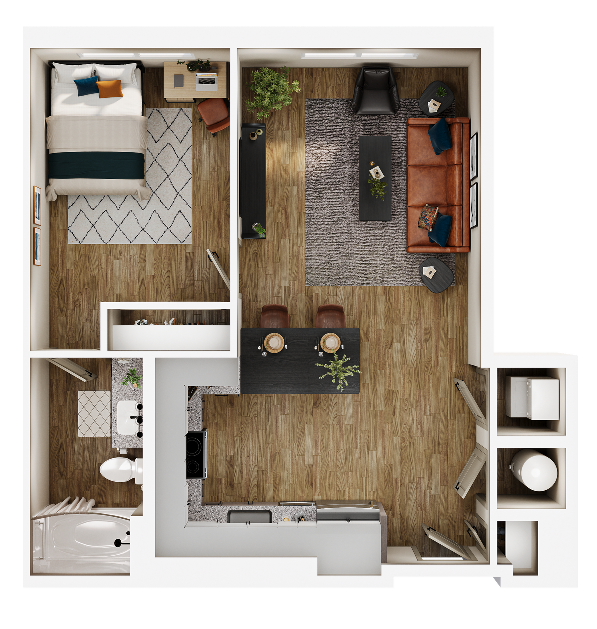 A 3D image of the A4 floorplan, a 669 squarefoot, 1 bed / 1 bath unit
