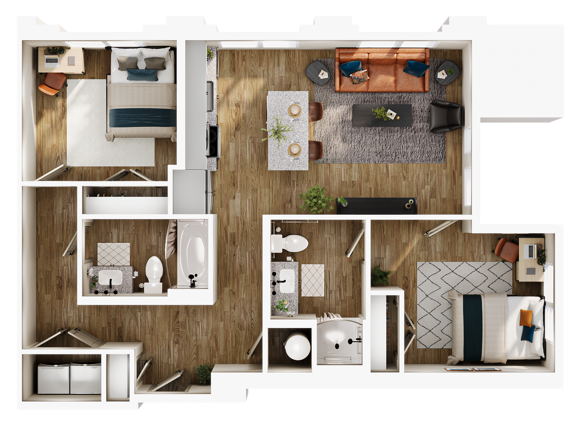 A 3D image of the B3 floorplan, a 915 squarefoot, 2 bed / 2 bath unit