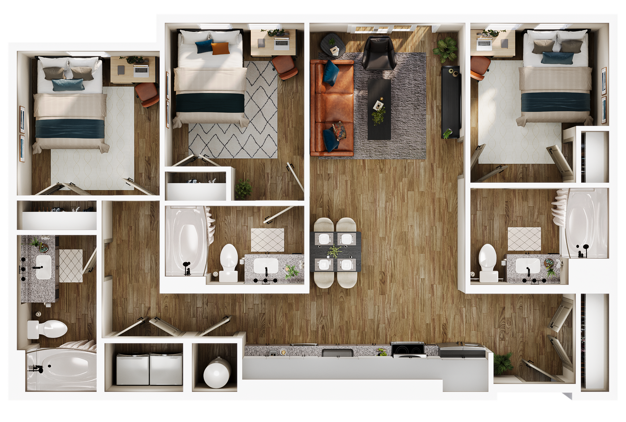 A 3D image of the C2 floorplan, a 1128 squarefoot, 3 bed / 3 bath unit