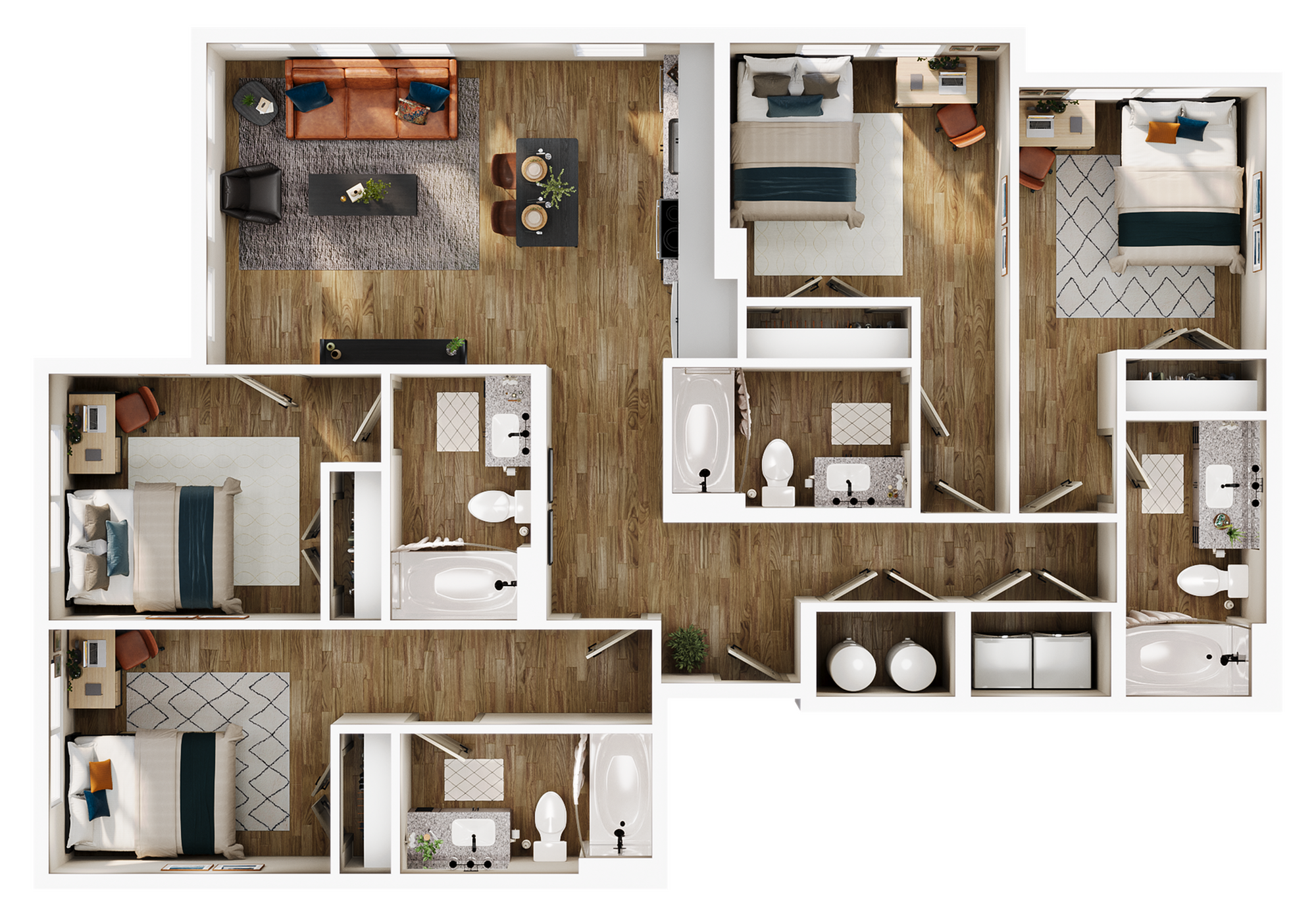 A 3D image of the D3 floorplan, a 1410 squarefoot, 4 bed / 4 bath unit