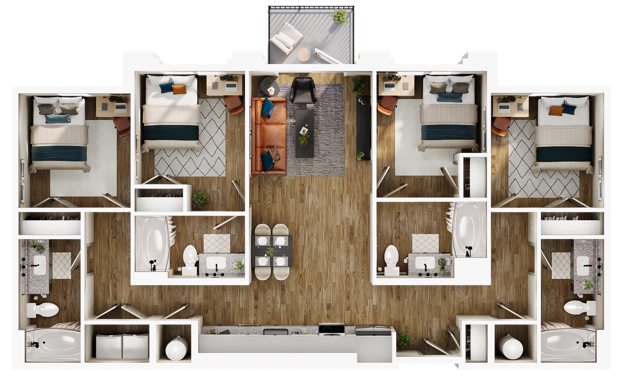 A 3D image of the D2 floorplan, a 1391 squarefoot, 4 bed / 4 bath unit