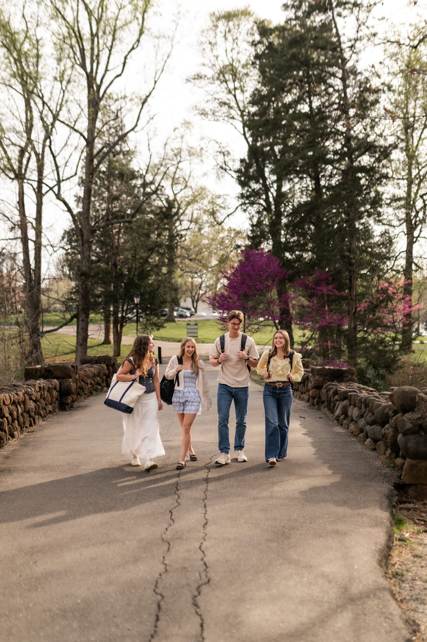 college friends crossing stone bridge scaled