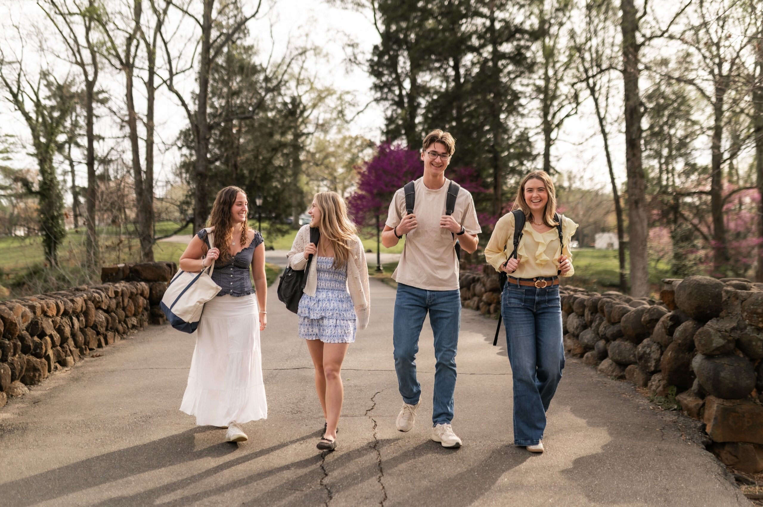 peers walking along stone lined pathway scaled